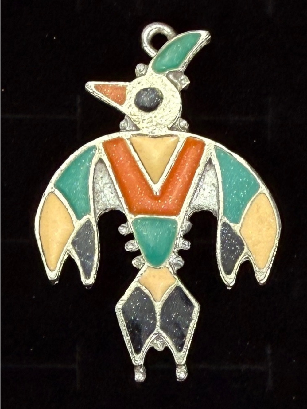 Vintage Zuni Thunderbird Silvertone Colorful Pendant